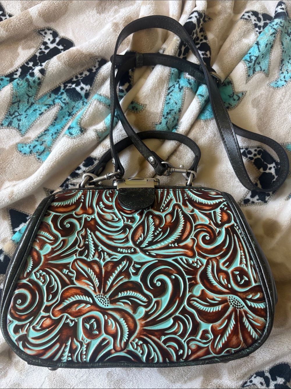 Patricia Nash Turquoise and Brown Tooled Floral Crossbody